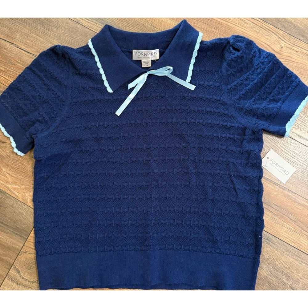 Forward Size Large Navy Knit Polo Sweater Baby Blue Accents NWT